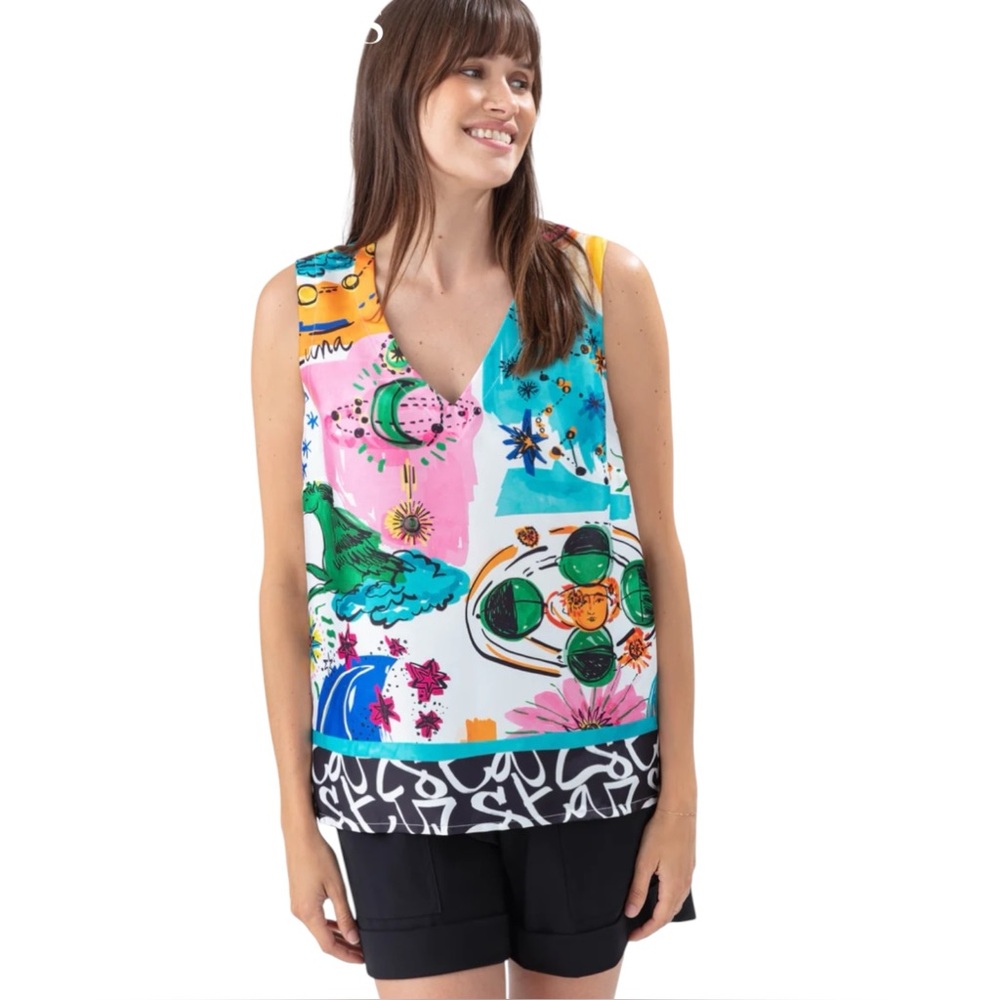 Indies Stellar Top with Astral Print Satin Fabric With V-Neckline Size 38 Medium
